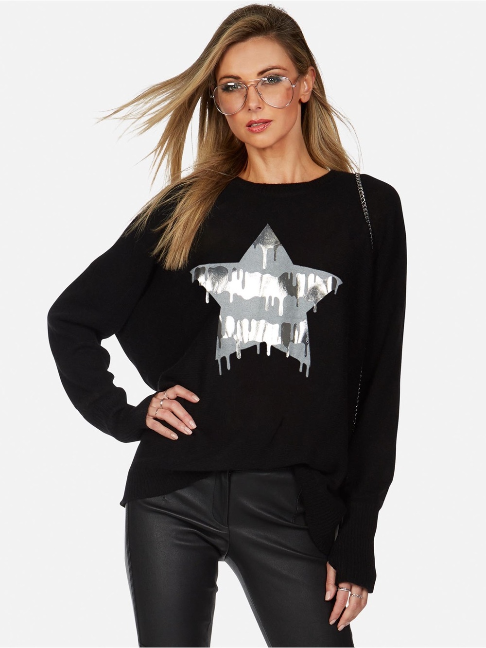 Lauren Moshi LADONA X DRIPPING STAR Black 100% Pure Cashmere Sweater Size Medium